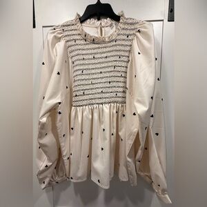 Cream, Black Heart Smocked Babydoll Blouse, Medium EUC